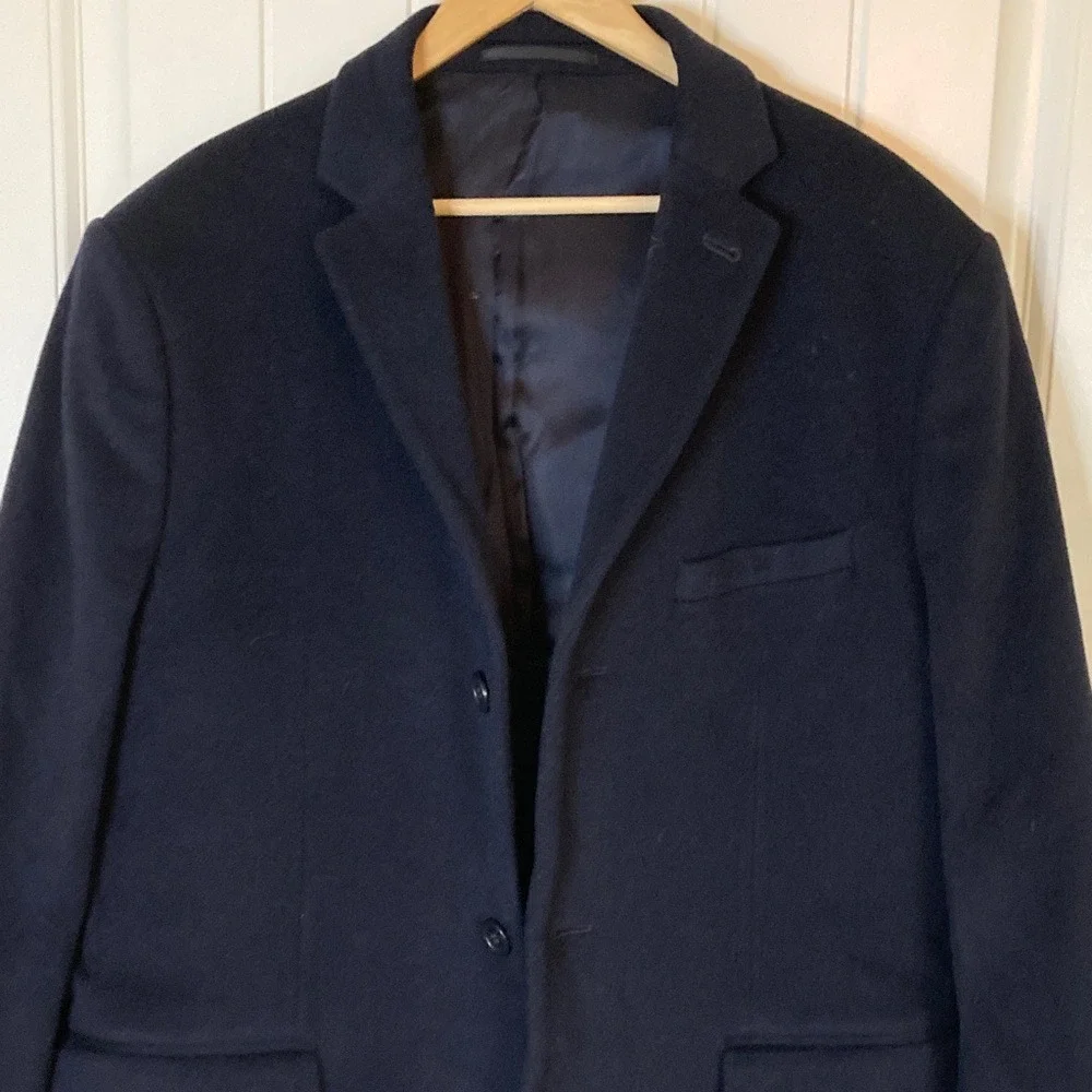 H&M Men's Wool Cashmere Classic Navy‎ Long Overcoat Size 46R Fully Lined